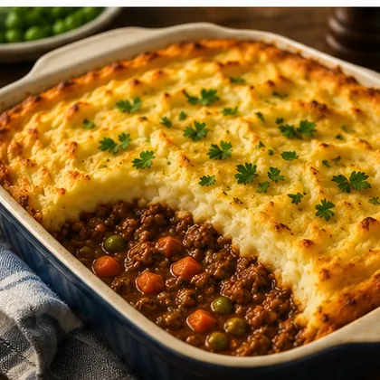 Golden cottage pie with creamy mashed potato topping and a rich minced beef, carrot and pea filling