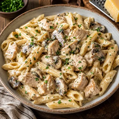 Creamy penne pasta with pieces of chicken and sliced mushrooms, finished with parsley and black pepper
