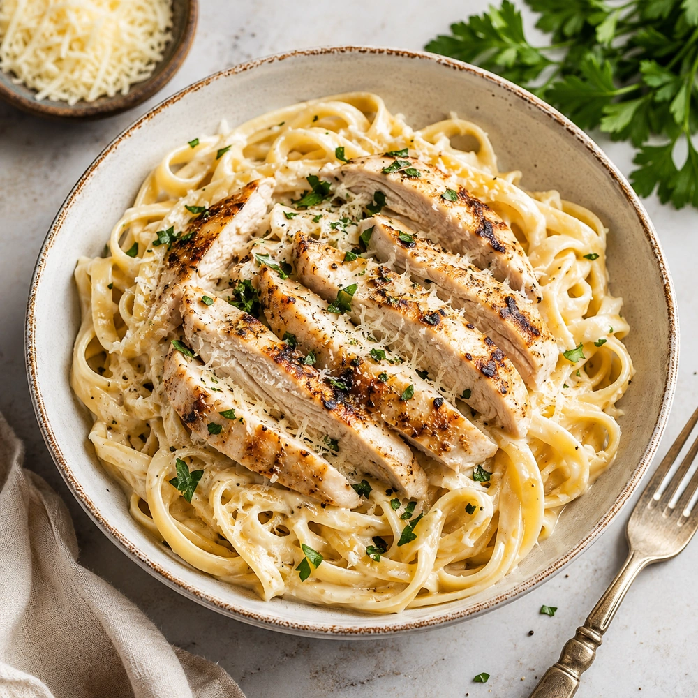 Creamy tagliatelle topped with sliced chicken, Parmesan and parsley