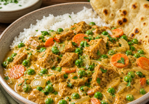 Creamy Quorn curry with green peas, sliced carrots and onions served in a ceramic bowl