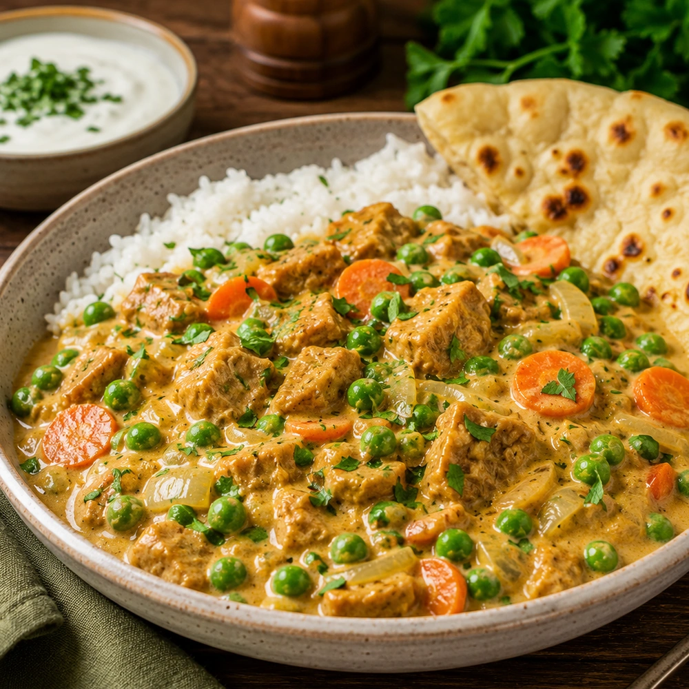 Creamy Quorn curry with green peas, sliced carrots and onions served in a ceramic bowl