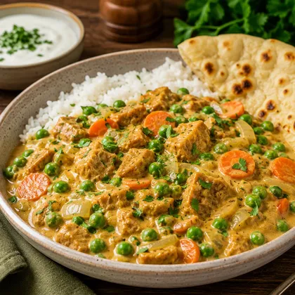 Creamy Quorn curry with green peas, sliced carrots and onions served in a ceramic bowl