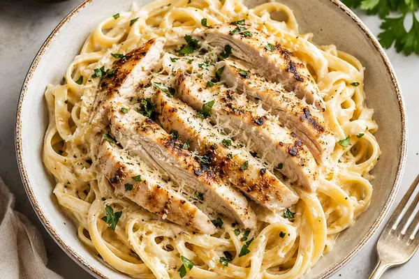 Creamy tagliatelle topped with sliced chicken, Parmesan and parsley