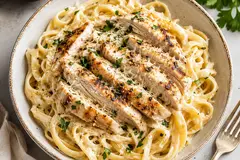 Creamy tagliatelle topped with sliced chicken, Parmesan and parsley