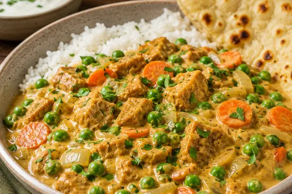 Creamy Quorn curry with green peas, sliced carrots and onions served in a ceramic bowl