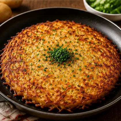Large golden crispy potato rösti garnished with chopped chives in a black frying pan