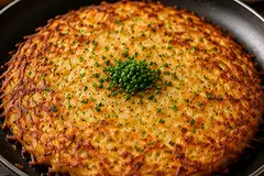 Large golden crispy potato rösti garnished with chopped chives in a black frying pan