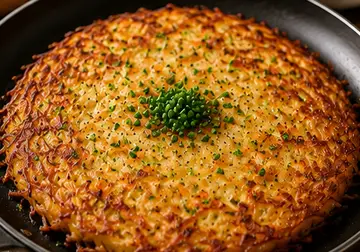 Large golden crispy potato rösti garnished with chopped chives in a black frying pan