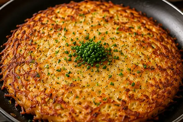 Large golden crispy potato rösti garnished with chopped chives in a black frying pan