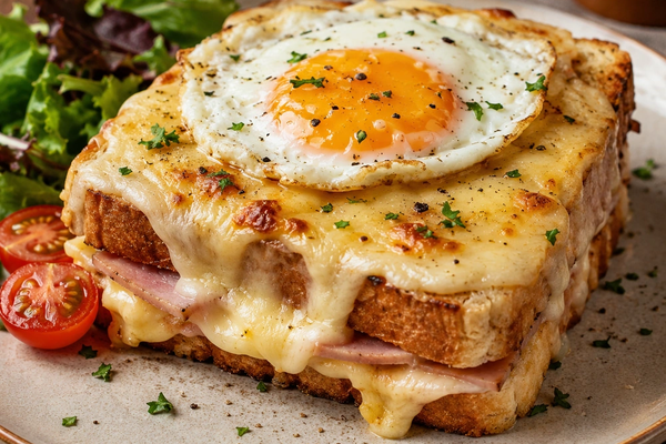 Croque Madame sandwich with ham, melted cheese, golden topping and a fried egg on top