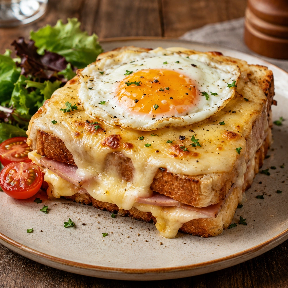 Croque Madame sandwich with ham, melted cheese, golden topping and a fried egg on top