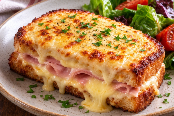 Croque Monsieur sandwich filled with ham and melted cheese, topped with golden béchamel and cheese