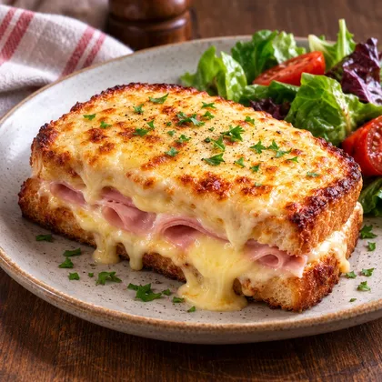 Croque Monsieur sandwich filled with ham and melted cheese, topped with golden béchamel and cheese