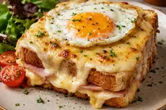Croque Madame sandwich with ham, melted cheese, golden topping and a fried egg on top