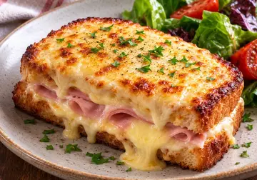 Croque Monsieur sandwich filled with ham and melted cheese, topped with golden béchamel and cheese