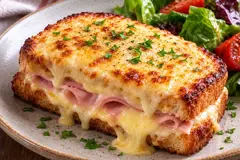 Croque Monsieur sandwich filled with ham and melted cheese, topped with golden béchamel and cheese
