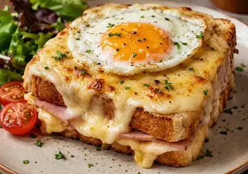 Croque Madame sandwich with ham, melted cheese, golden topping and a fried egg on top