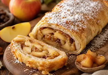 Golden flaky apple strudel dusted with icing sugar and sliced to show the apple filling