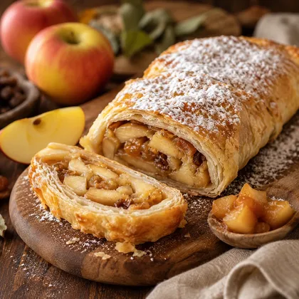 Golden flaky apple strudel dusted with icing sugar and sliced to show the apple filling