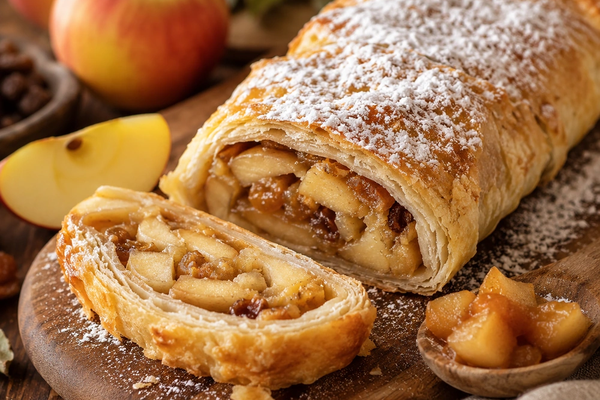 Golden flaky apple strudel dusted with icing sugar and sliced to show the apple filling