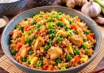 Chicken fried rice with egg, peas, carrots and spring onions in a ceramic bowl