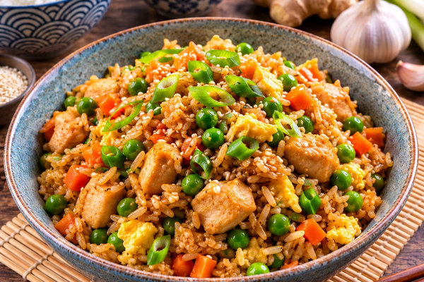 Chicken fried rice with egg, peas, carrots and spring onions in a ceramic bowl