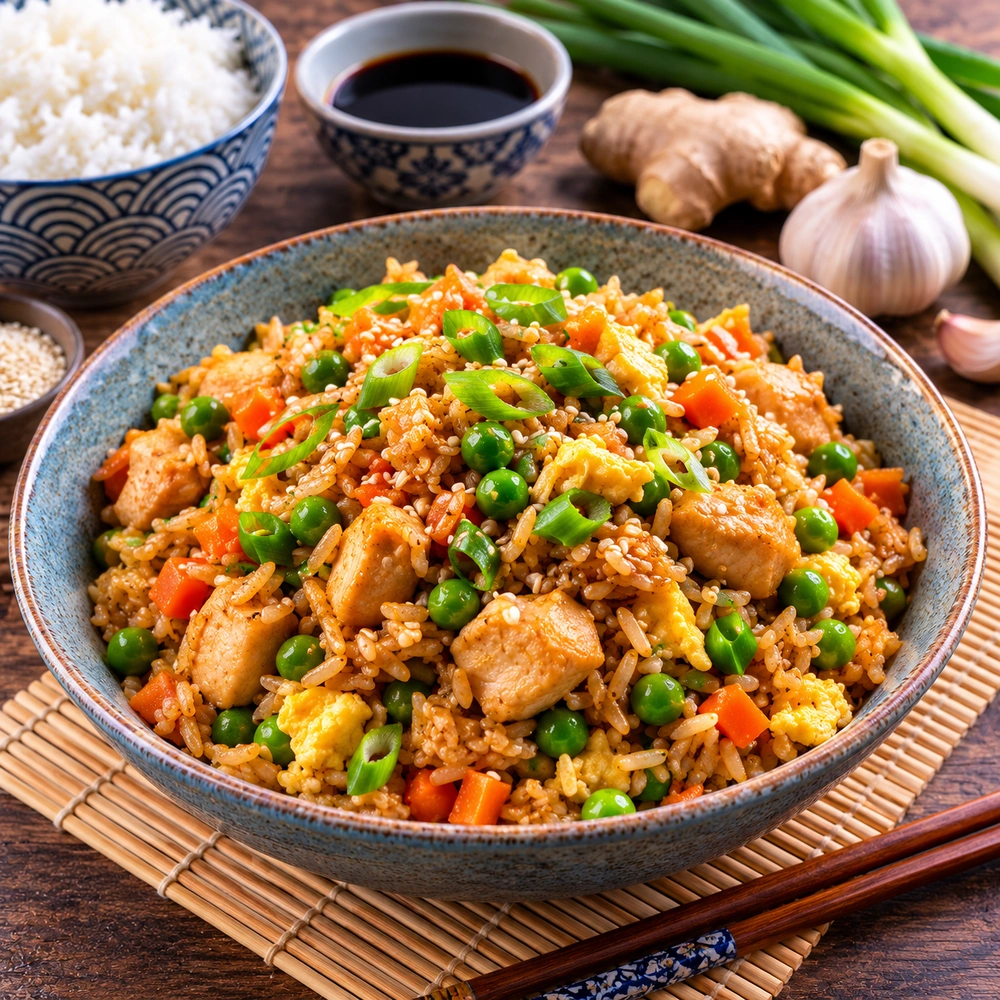 Chicken fried rice with egg, peas, carrots and spring onions in a ceramic bowl