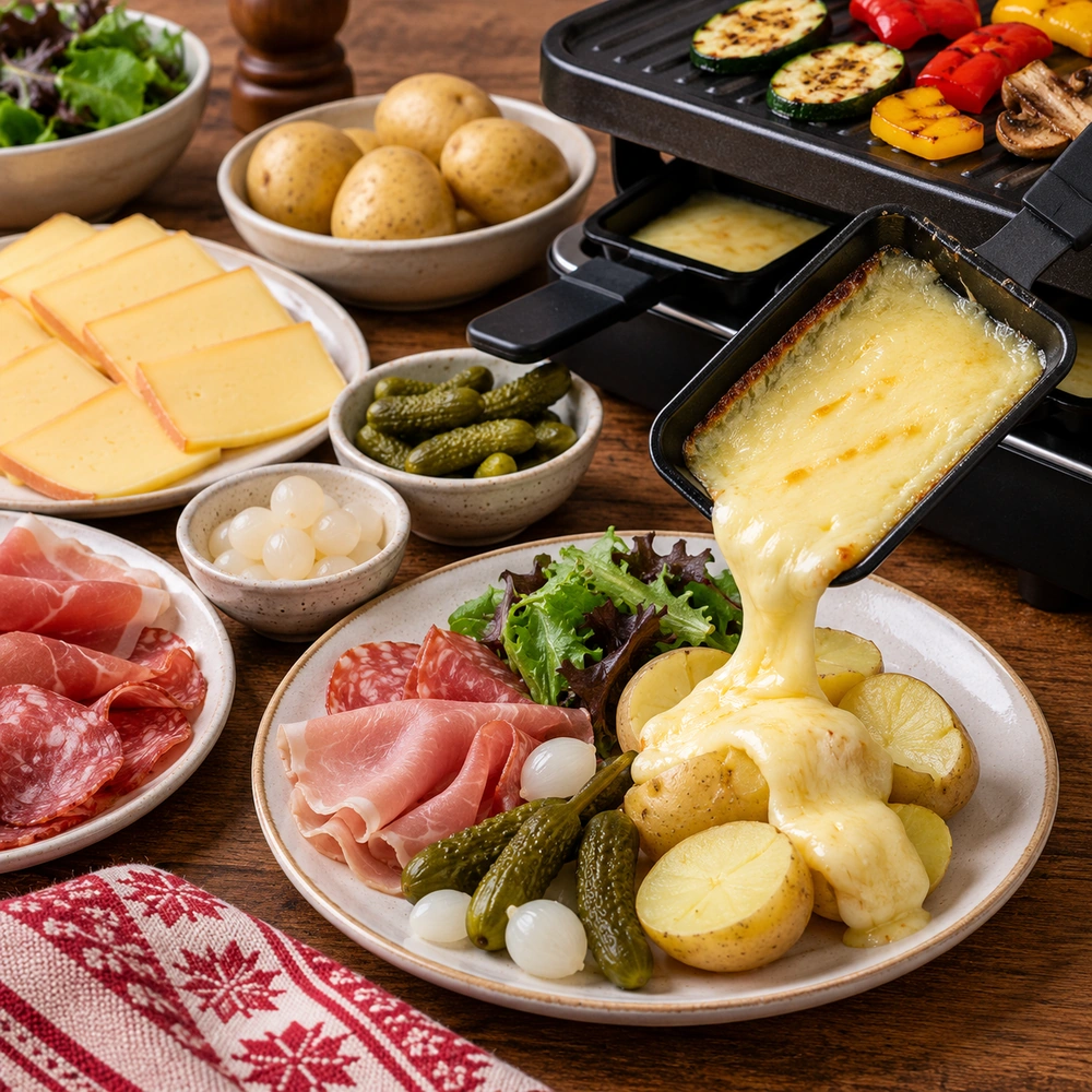 Raclette grill with melted cheese being poured over potatoes, with ham, bacon and grilled vegetables