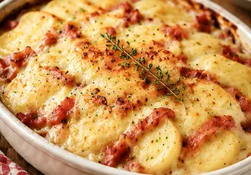 Golden tartiflette with sliced potatoes, smoky bacon and melted cheese in an ovenproof dish