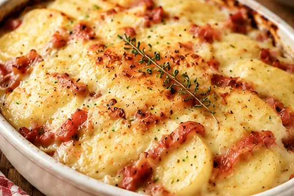 Golden tartiflette with sliced potatoes, smoky bacon and melted cheese in an ovenproof dish