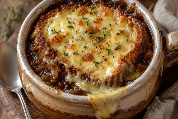 French onion soup topped with toasted bread and melted golden cheese in a ceramic soup bowl