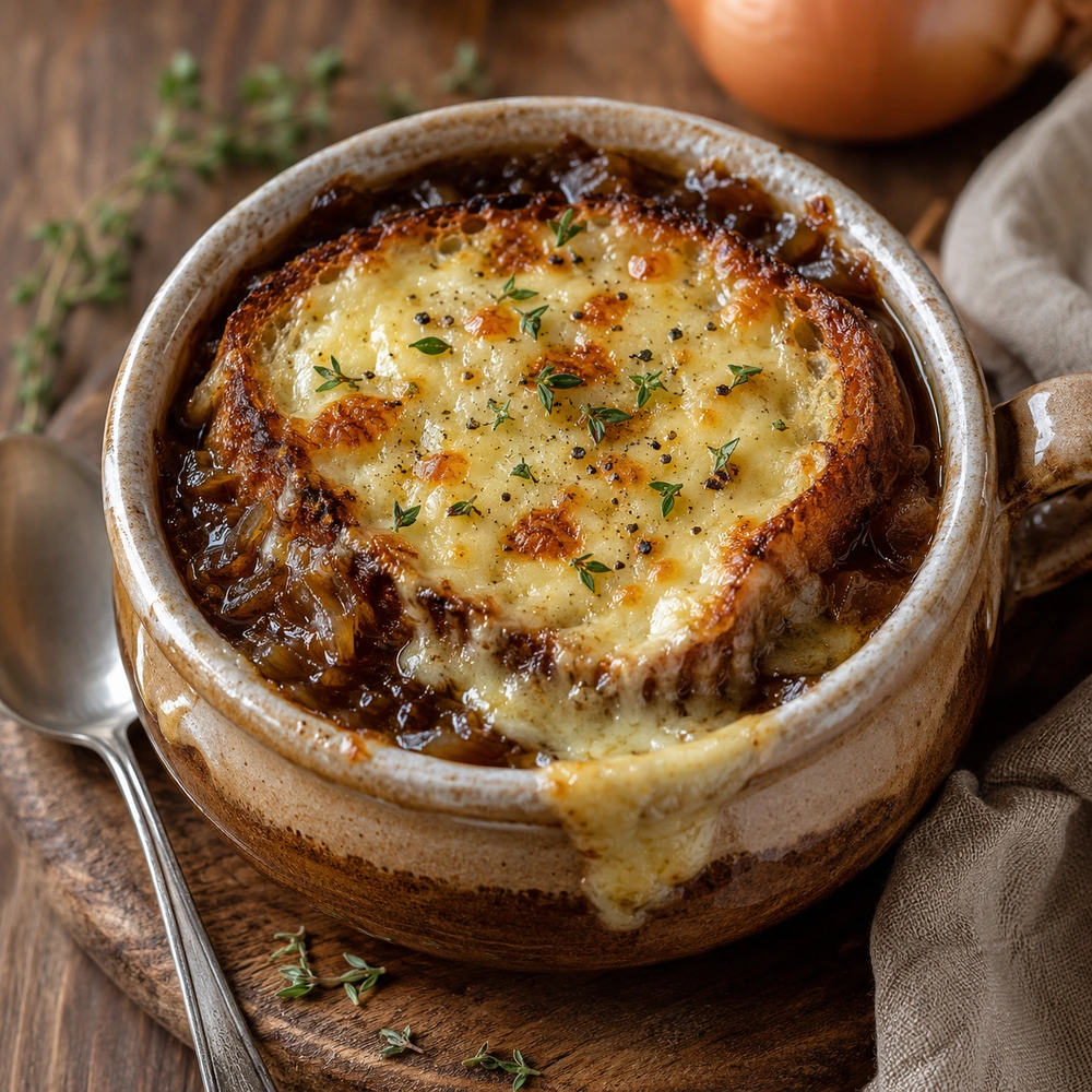 French onion soup topped with toasted bread and melted golden cheese in a ceramic soup bowl