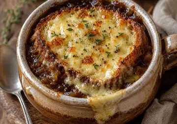 French onion soup topped with toasted bread and melted golden cheese in a ceramic soup bowl