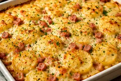 Golden ham and cheese potato bake with sliced potatoes, diced ham and melted Cheddar in a white ovenproof dish