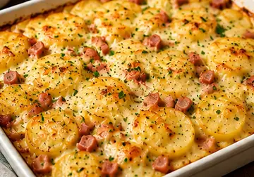 Golden ham and cheese potato bake with sliced potatoes, diced ham and melted Cheddar in a white ovenproof dish