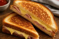 Golden toasted sandwiches filled with sliced ham and melted cheese on a wooden board