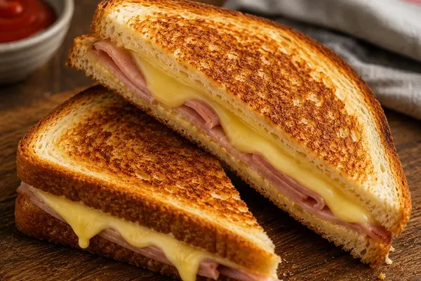 Golden toasted sandwiches filled with sliced ham and melted cheese on a wooden board
