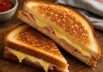 Golden toasted sandwiches filled with sliced ham and melted cheese on a wooden board