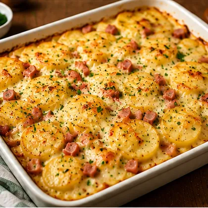 Golden ham and cheese potato bake with sliced potatoes, diced ham and melted Cheddar in a white ovenproof dish