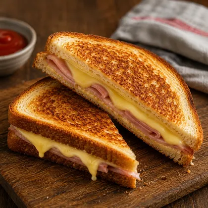Golden toasted sandwiches filled with sliced ham and melted cheese on a wooden board