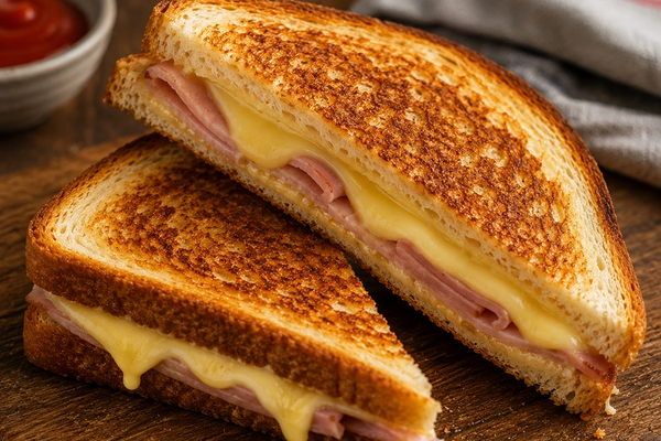 Golden toasted sandwiches filled with sliced ham and melted cheese on a wooden board