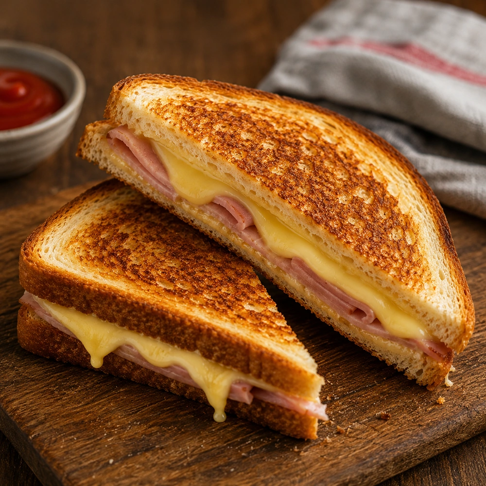 Golden toasted sandwiches filled with sliced ham and melted cheese on a wooden board
