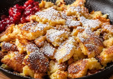 Golden torn Kaiserschmarrn pancakes dusted with icing sugar in a skillet, served with berry compote