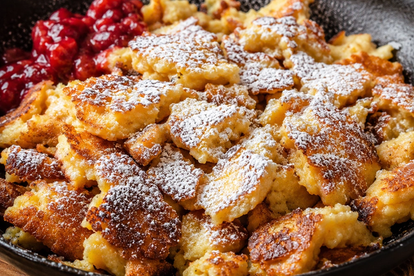 Golden torn Kaiserschmarrn pancakes dusted with icing sugar in a skillet, served with berry compote