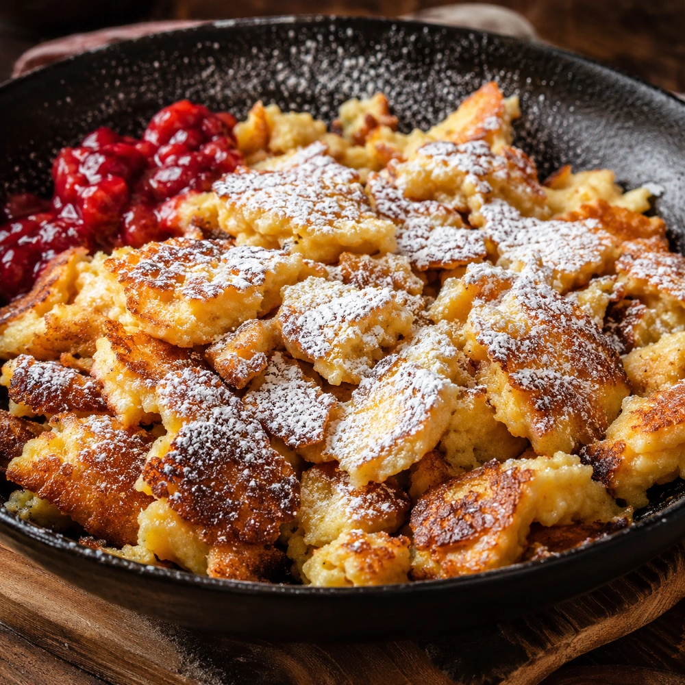 Golden torn Kaiserschmarrn pancakes dusted with icing sugar in a skillet, served with berry compote