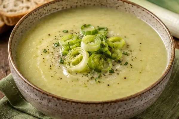 Creamy leek and potato soup in a ceramic bowl topped with sliced leeks and black pepper