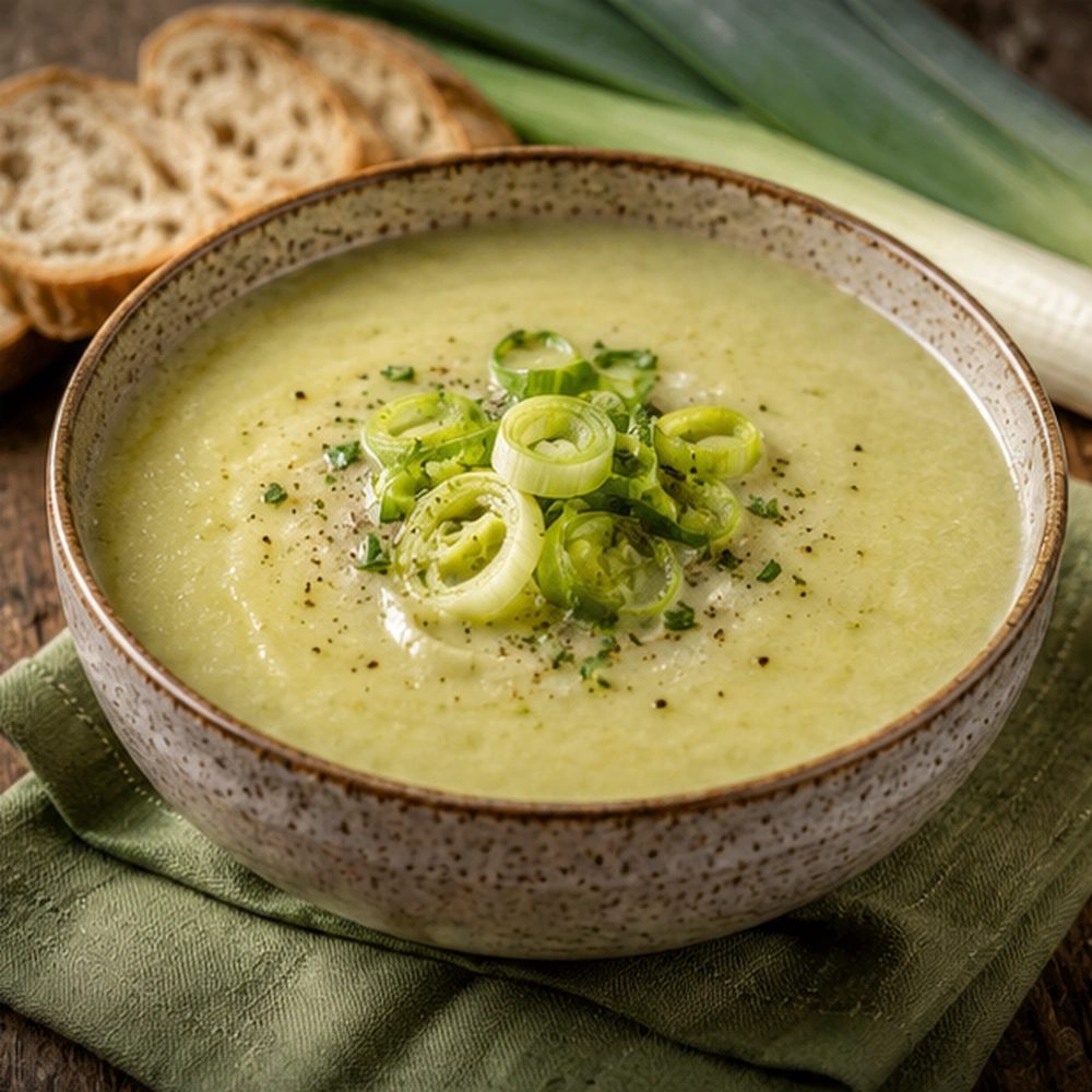 Creamy leek and potato soup in a ceramic bowl topped with sliced leeks and black pepper