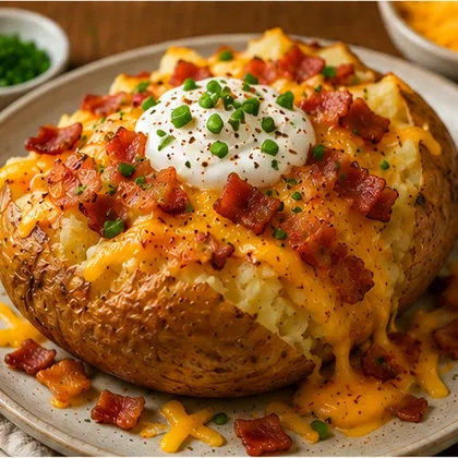 Crispy baked jacket potato filled with melted Cheddar, smoky bacon, soured cream and chopped chives