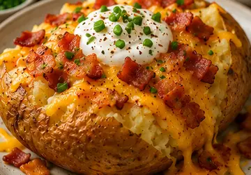 Crispy baked jacket potato filled with melted Cheddar, smoky bacon, soured cream and chopped chives