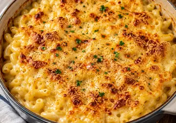Baked macaroni cheese with a golden Cheddar and breadcrumb topping in an ovenproof dish